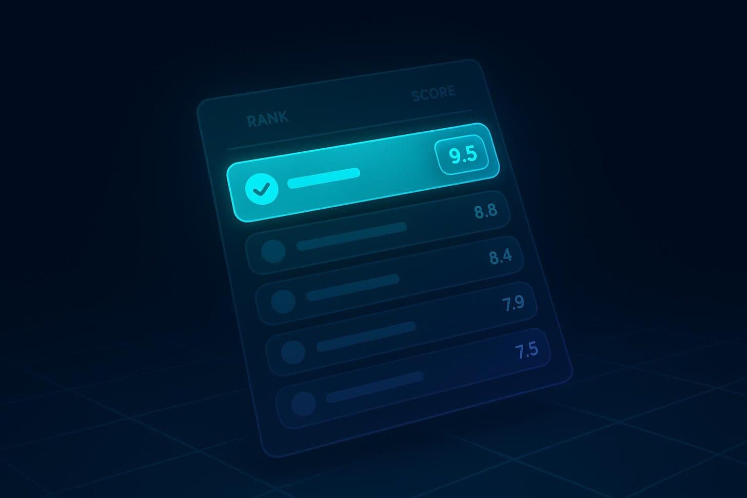 Dark product illustration of a ranked rank-and-score leaderboard with the top tool row highlighted and checked.