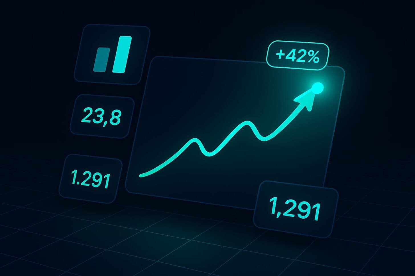 Dark product illustration of a growth dashboard with a rising trend line, a plus forty-two percent uplift badge and metric tiles.