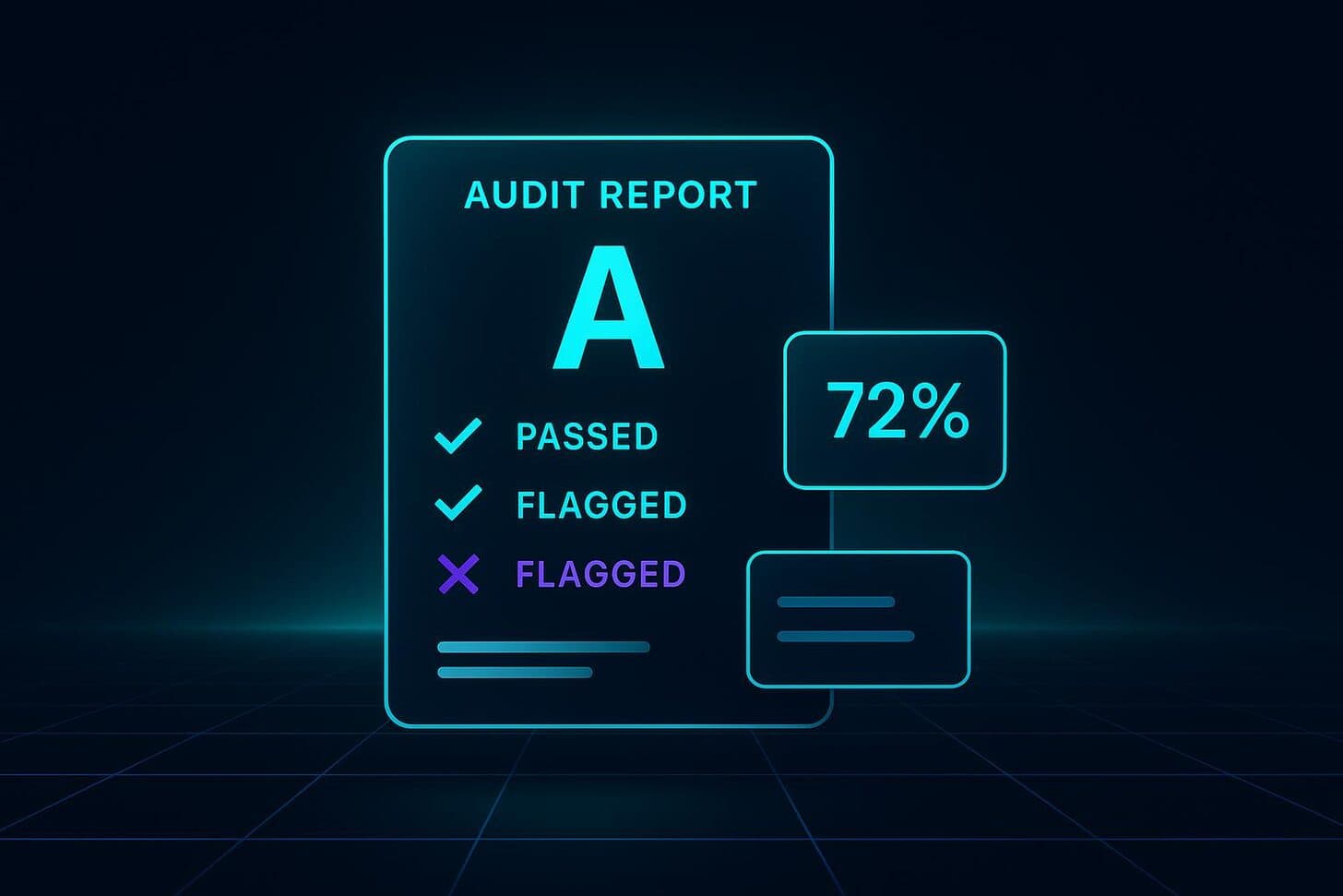 Dark product illustration of an audit report card showing a grade, a passed-and-flagged checklist and a score tile.