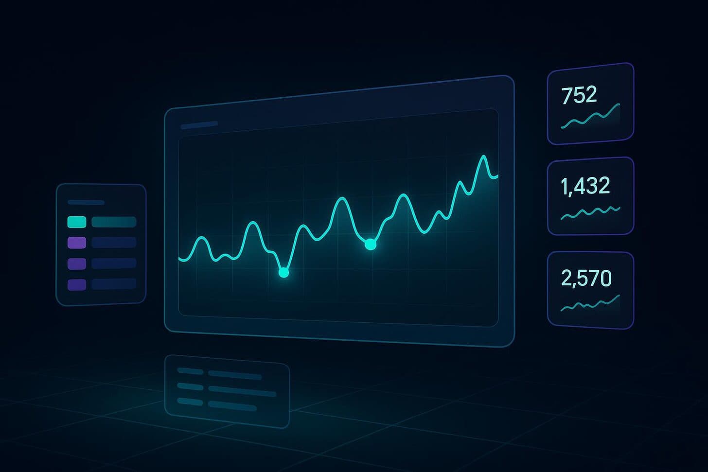 Dark product illustration of a monitoring dashboard with a large pulse chart, alert dots and metric tiles.