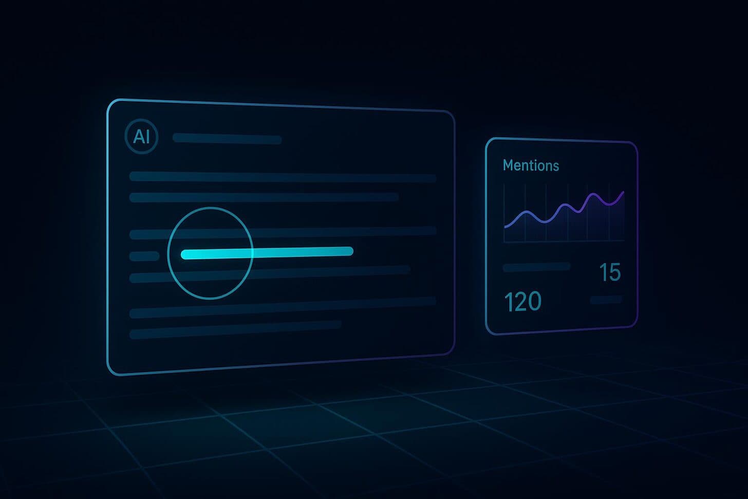 Dark product illustration of an AI chat answer with a highlighted brand mention beside a mentions-over-time tracking chart.